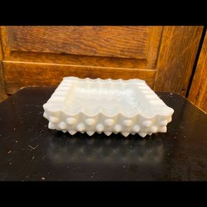 White Milk glass hobnail ashtray 4”x4”